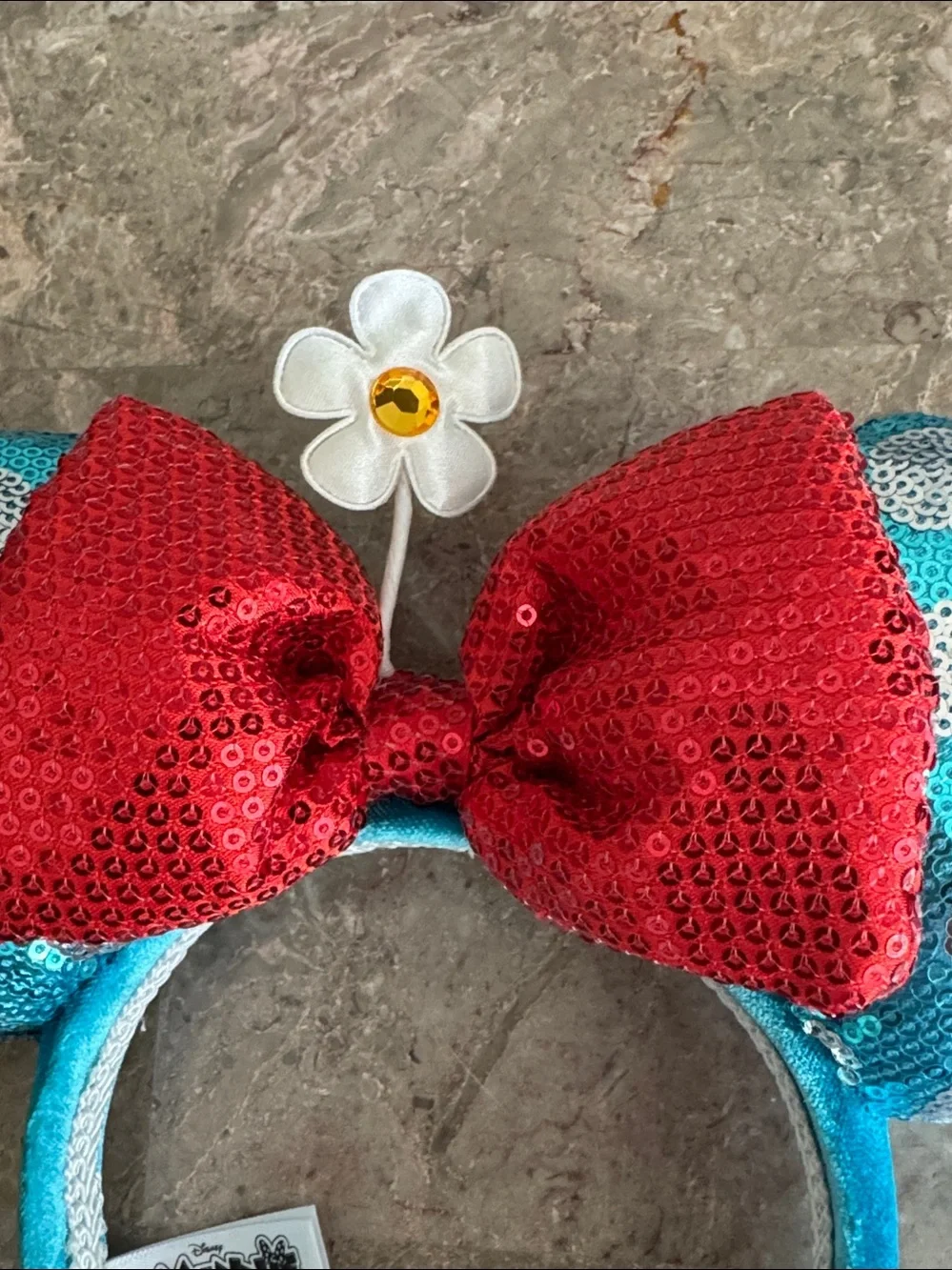 Disney Teal Sequin minnie Mouse Ears Headband with Red sequin Bow and flower